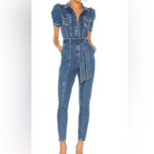 Retrofete Women's Tori Baddie Denim Belted Jumpsuit XXS Short Puff Sleeve